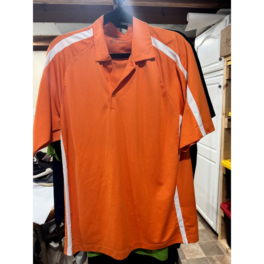 Nike Golf Fit Dry Polo Shirt Mens Medium Orange White Stripe Short Sleeve Swoosh